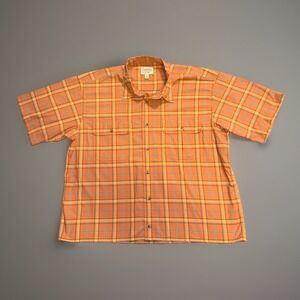 Cabelas Button Up Short Sleeve Shirt Mens XL Orange Cotton Plaid Collared